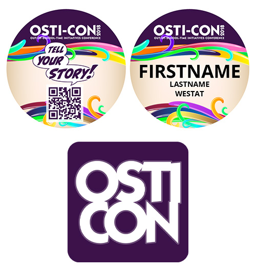 A 2018 OSTI-CON branded app icon and name badges.