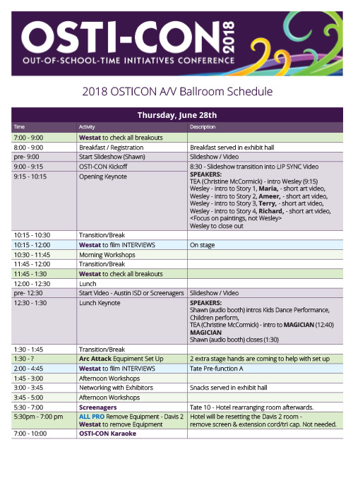 2018 OSTI-CON branded conference schedule.