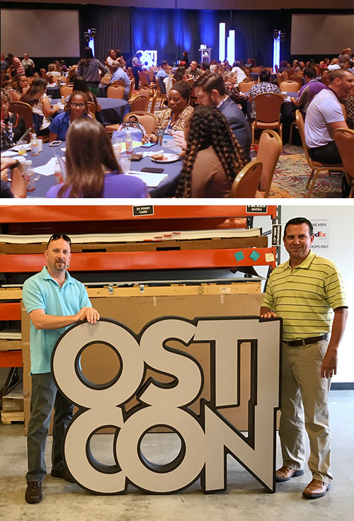 A photo of the OSTI-CON stage logo at the warehouse.